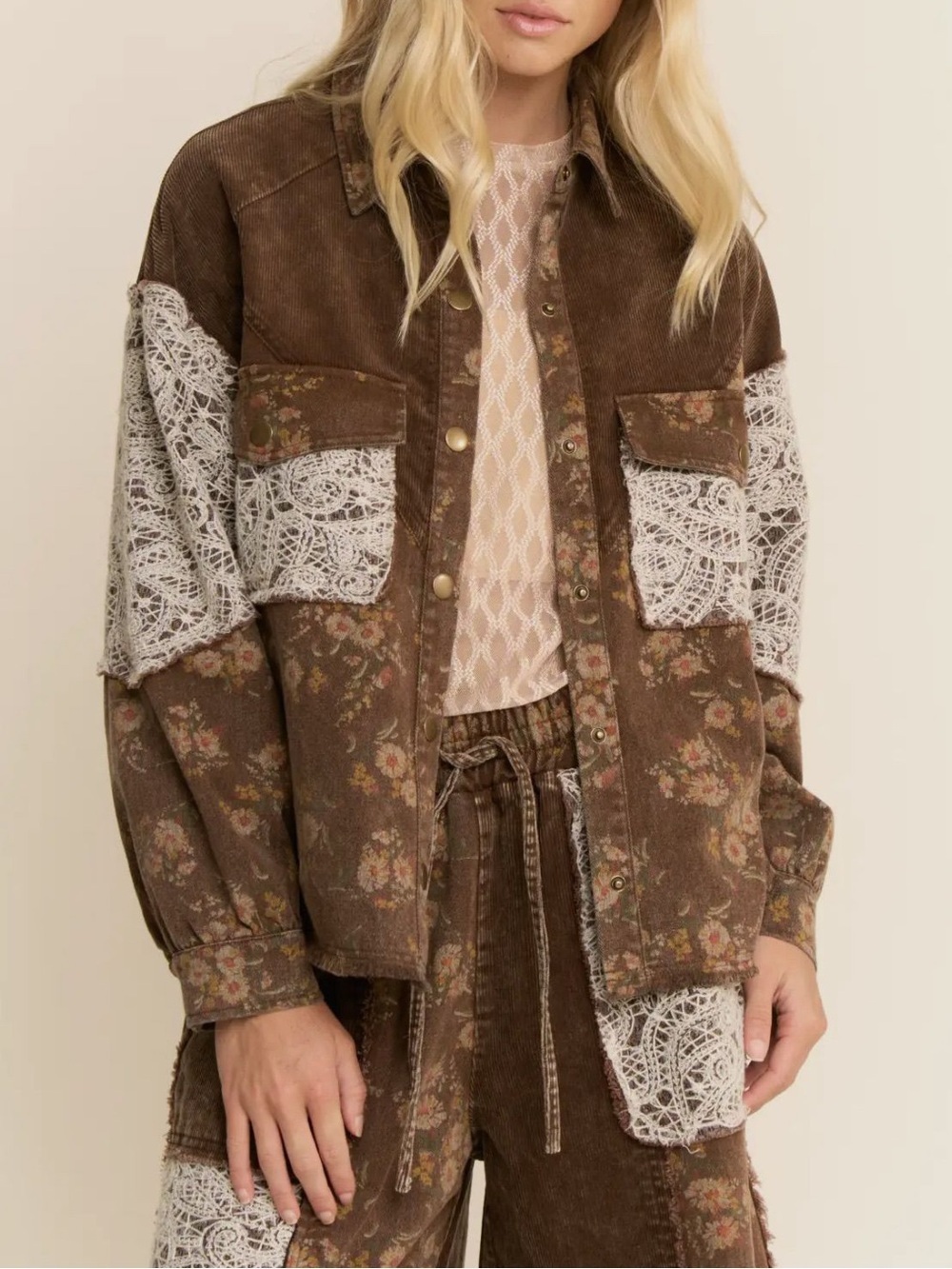 Davi & Dani Brown Jacket with Floral and Lace Details-Size Medium